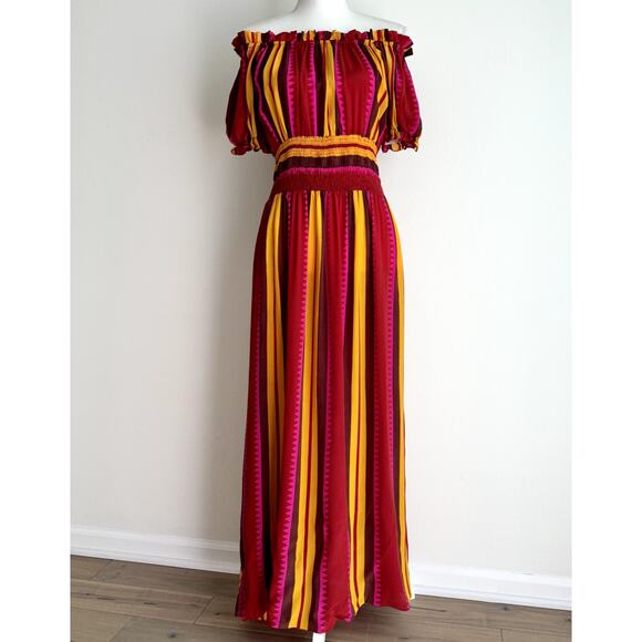 Anthropologie Anupamma Silk Maxi Dress Striped Off Shoulder Red Resortwear XS - Picture 4 of 9